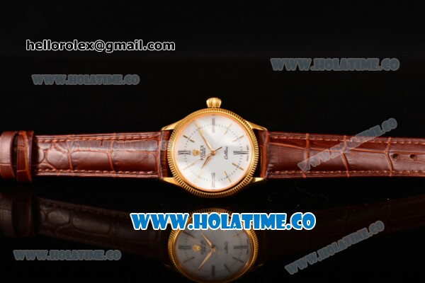 Rolex Cellini Time Asia 2813 Automatic Yellow Gold Case White Dial Brown Leather Strap and Stick/Roman Numeral Markers - Click Image to Close