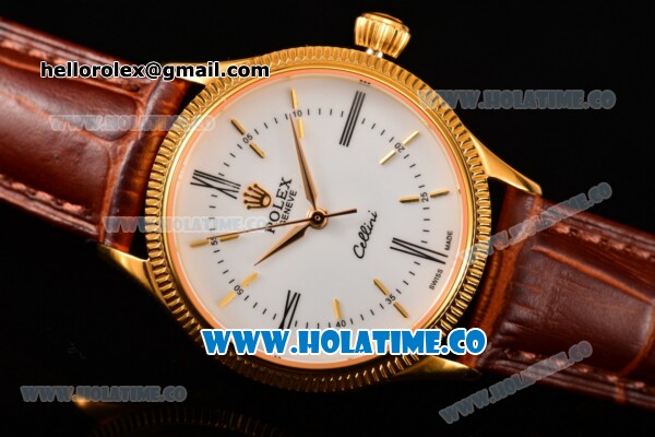 Rolex Cellini Time Asia 2813 Automatic Yellow Gold Case White Dial Brown Leather Strap and Stick/Roman Numeral Markers - Click Image to Close