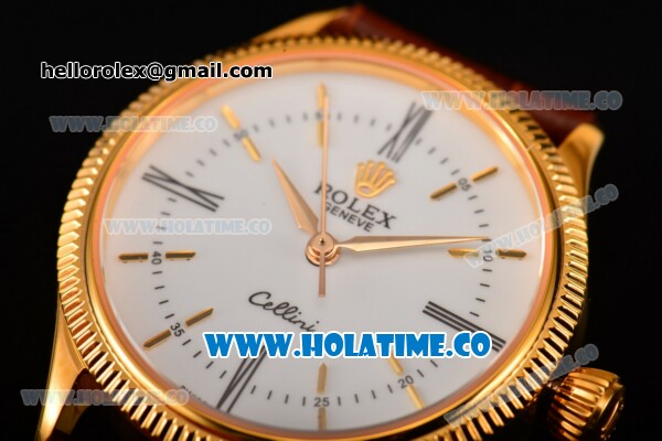 Rolex Cellini Time Asia 2813 Automatic Yellow Gold Case White Dial Brown Leather Strap and Stick/Roman Numeral Markers - Click Image to Close