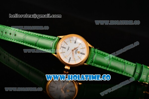 Rolex Cellini Time Asia 2813 Automatic Yellow Gold Case White Dial Green Leather Strap and Stick/Roman Numeral Markers - Click Image to Close