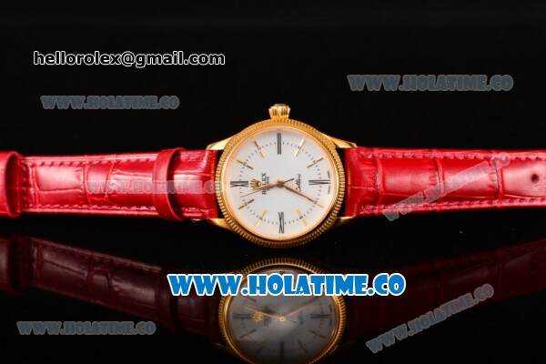 Rolex Cellini Time Asia 2813 Automatic Yellow Gold Case White Dial Red Leather Strap and Stick/Roman Numeral Markers - Click Image to Close