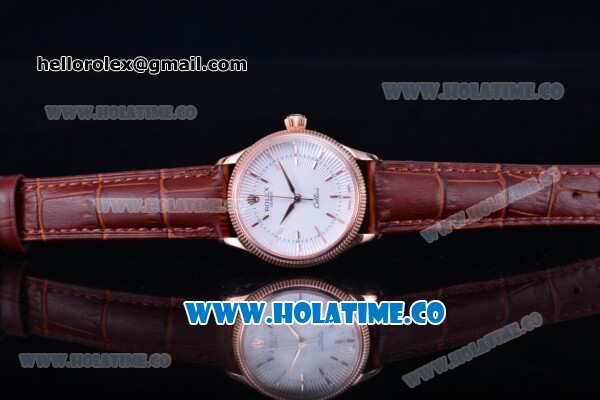 Rolex Cellini Time Asia 2813 Automatic Rose Gold Case with White Dial Brown Leather Strap and Stick Markers - Click Image to Close