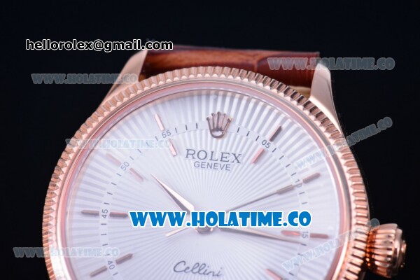 Rolex Cellini Time Asia 2813 Automatic Rose Gold Case with White Dial Brown Leather Strap and Stick Markers - Click Image to Close