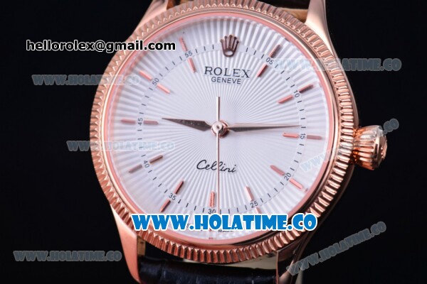 Rolex Cellini Time Asia 2813 Automatic Rose Gold Case with White Dial Blue Leather Strap and Stick Markers - Click Image to Close