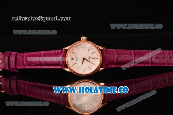 Rolex Cellini Time Asia 2813 Automatic Rose Gold Case with Beige Dial Burgundy Leather Strap and Stick Markers - Click Image to Close