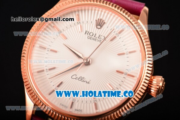 Rolex Cellini Time Asia 2813 Automatic Rose Gold Case with Beige Dial Burgundy Leather Strap and Stick Markers - Click Image to Close