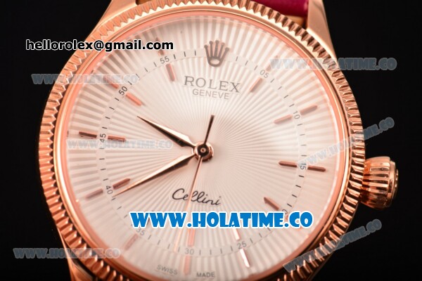 Rolex Cellini Time Asia 2813 Automatic Rose Gold Case with Beige Dial Burgundy Leather Strap and Stick Markers - Click Image to Close