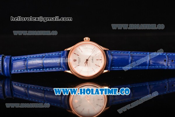 Rolex Cellini Time Asia 2813 Automatic Rose Gold Case with Beige Dial Blue Leather Strap and Stick Markers - Click Image to Close