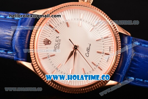 Rolex Cellini Time Asia 2813 Automatic Rose Gold Case with Beige Dial Blue Leather Strap and Stick Markers - Click Image to Close