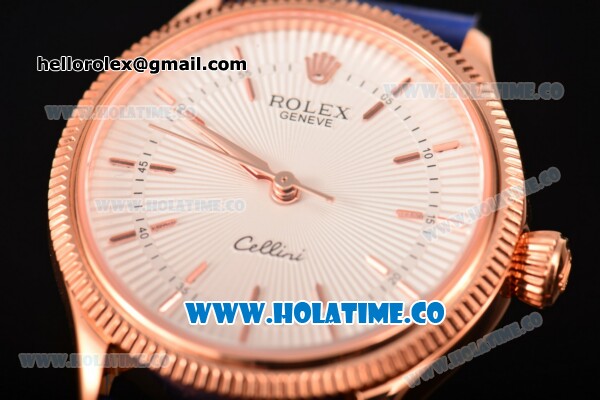 Rolex Cellini Time Asia 2813 Automatic Rose Gold Case with Beige Dial Blue Leather Strap and Stick Markers - Click Image to Close