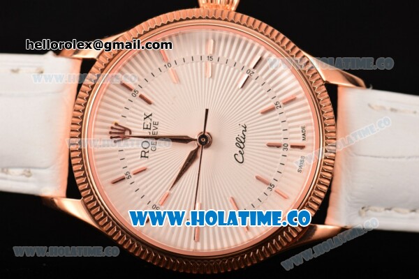 Rolex Cellini Time Asia 2813 Automatic Rose Gold Case with Beige Dial White Leather Strap and Stick Markers - Click Image to Close