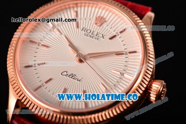 Rolex Cellini Time Asia 2813 Automatic Rose Gold Case with Beige Dial Red Leather Strap and Stick Markers - Click Image to Close