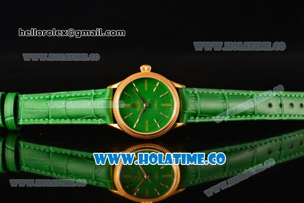 Rolex Cellini Time Asia 2813 Automatic Yellow Gold Case with Green Dial and Stick Markers - Click Image to Close