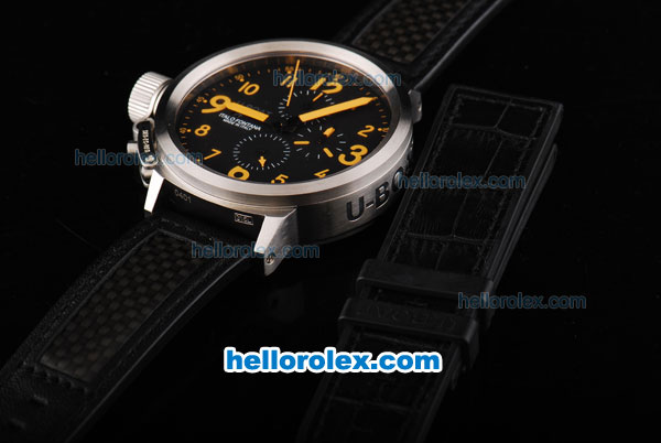 U-BOAT Italo Fontana Swiss Valjoux 7750 Chronograph Movement Silver Case with Black Dial and Yellow Numeral Marker-Black Leather Strap - Click Image to Close