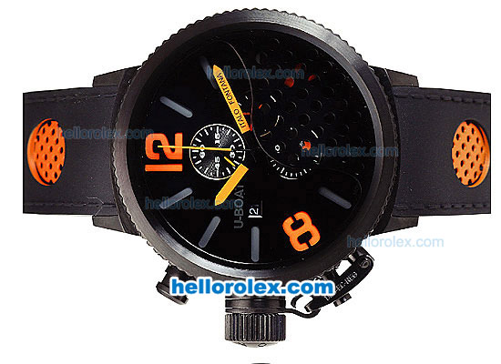 U-Boat New Model Chronograph Quartz Movement PVD Case with Black Dial-Yellow Hands-Stick&Orange Number Markers and Leather Strap - Click Image to Close