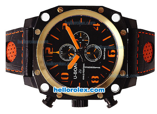U-BOAT Italo Fontana Chronograph Quartz Movement PVD Case with Gold Bezel-Black Dial and Orange Markers-Leather Strap - Click Image to Close