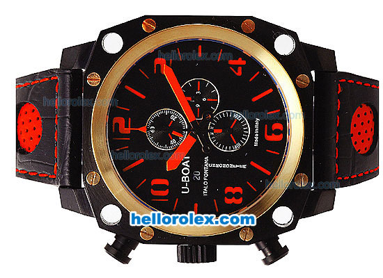 U-BOAT Italo Fontana Chronograph Quartz Movement PVD Case with Gold Bezel-Black Dial and Red Markers-Leather Strap - Click Image to Close