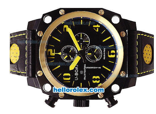 U-BOAT Italo Fontana Chronograph Quartz Movement PVD Case with Gold Bezel-Black Dial and Yellow Markers-Leather Strap - Click Image to Close