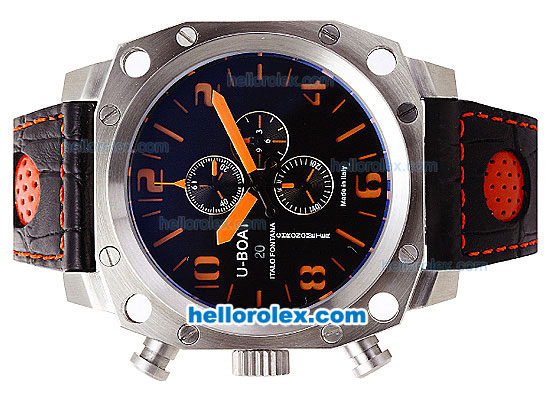 U-BOAT Italo Fontana Chronograph Quartz Movement Silver Case with Black Dial-Orange Markers and Leather Strap - Click Image to Close