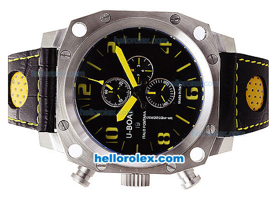 U-BOAT Italo Fontana Chronograph Quartz Movement Silver Case with Black Dial-Yellow Markers and Leather Strap - Click Image to Close