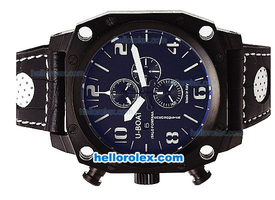 U-BOAT Italo Fontana Chronograph Quartz Movement PVD Case with Blue Dial-White Markers and Leather Strap - Click Image to Close