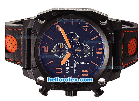 U-BOAT Italo Fontana Chronograph Quartz Movement PVD Case with Blue Dial-Orange Markers and Leather Strap - Click Image to Close