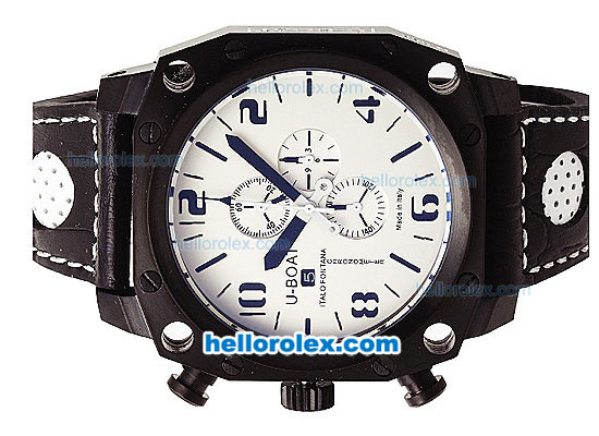 U-BOAT Italo Fontana Chronograph Quartz Movement PVD Case with White Dial-Black Markers and Leather Strap - Click Image to Close