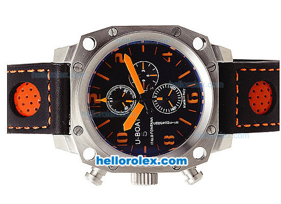 U-BOAT Italo Fontana Chronograph Quartz Movement Silver Case with Orange Markers-Black Dial and Leather Strap - Click Image to Close