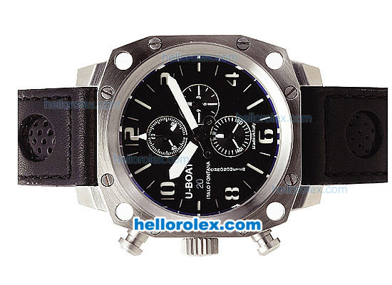 U-BOAT Italo Fontana Chronograph Quartz Movement Silver Case with White Markers-Black Dial and Black Leather Strap - Click Image to Close