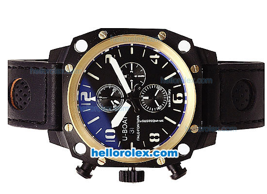 U-BOAT Italo Fontana Chronograph Quartz Movement PVD Case with Gold Bezel-White Markers-Black Dial and Black Leather Strap - Click Image to Close