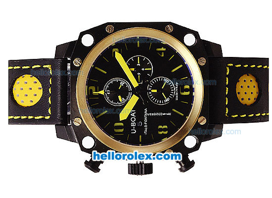 U-BOAT Italo Fontana Chronograph Quartz Movement PVD Case with Gold Bezel-Yellow Markers-Black Dial and Leather Strap - Click Image to Close