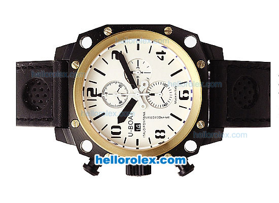 U-BOAT Italo Fontana Chronograph Quartz Movement PVD Case with Gold Bezel-Black Markers-White Dial and Black Leather Strap - Click Image to Close