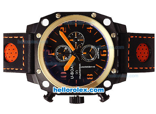 U-BOAT Italo Fontana Chronograph Quartz Movement PVD Case with Gold Bezel-Orange Markers-Black Dial and Leather Strap - Click Image to Close