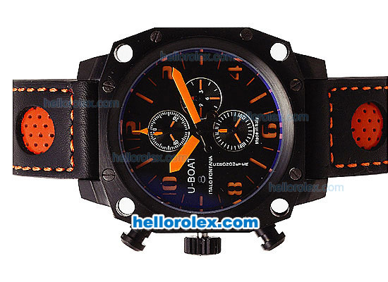 U-BOAT Italo Fontana Chronograph Quartz Movement Full PVD Case with Orange Markers-Black Dial and Leather Strap - Click Image to Close