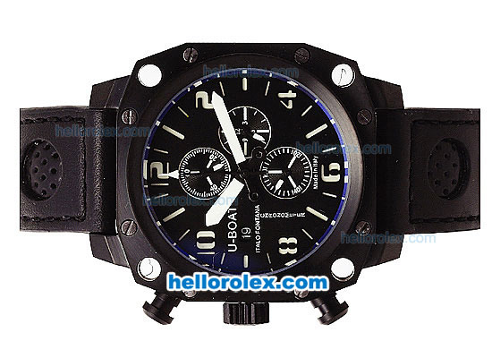 U-BOAT Italo Fontana Chronograph Quartz Movement Full PVD Case with White Markers-Black Dial and Black Leather Strap - Click Image to Close