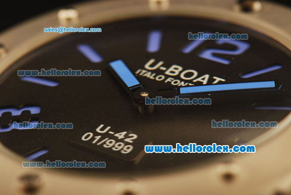 U-Boat Italo Fontana U-42 Asia 6497 Manual Winding Steel Case with Black Dial and Black Leather Strap-Blue Markers - Click Image to Close