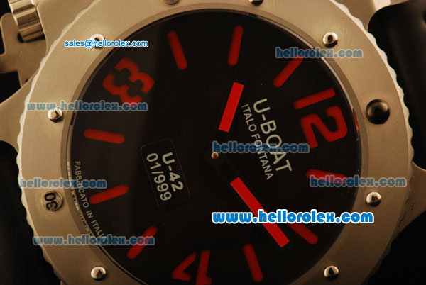 U-Boat Italo Fontana U-42 Asia 6497 Manual Winding Steel Case with Black Dial and Black Leather Strap-Red Markers - Click Image to Close