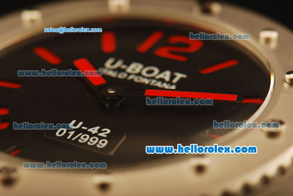 U-Boat Italo Fontana U-42 Asia 6497 Manual Winding Steel Case with Black Dial and Black Leather Strap-Red Markers - Click Image to Close