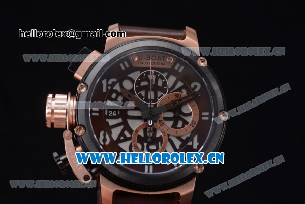 U-Boat Chimera Skeleton Chronograph Miyota OS10 Quartz Rose Gold Case with Skeleton Dial PVD Bezel and Brown Leather Strap - Click Image to Close