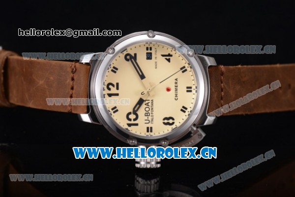 U-Boat Chimera Automatic Asia ST25 Automatic Steel Case White Dial Brown Leather Strap and Arabic Number Markers - Click Image to Close