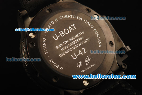 U-Boat U-42 Automatic Movement PVD Case with Black Dial and Black Leather Strap - Click Image to Close