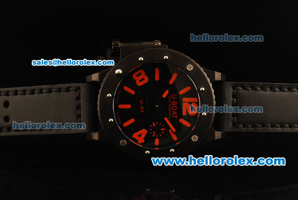 U-Boat U-42 Automatic Movement PVD Case with Black Dial and Black Leather Strap-Red Markers - Click Image to Close