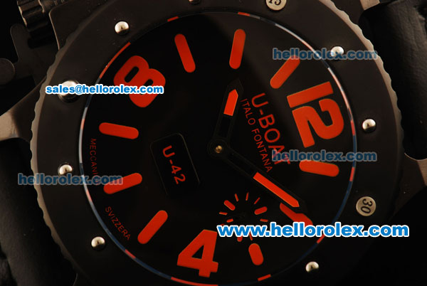 U-Boat U-42 Automatic Movement PVD Case with Black Dial and Black Leather Strap-Red Markers - Click Image to Close