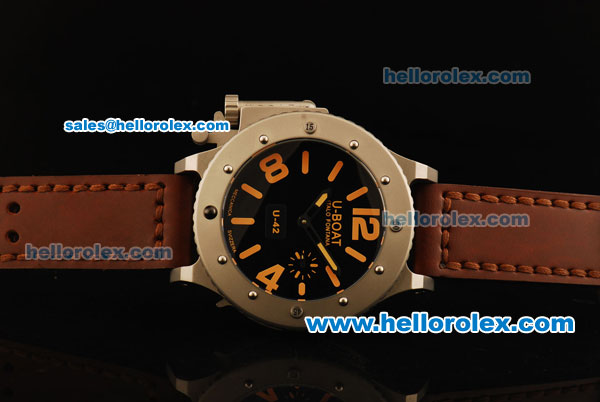 U-Boat U-42 Automatic Movement Steel Case with Black Dial and Brown Leather Strap-Orange Markers - Click Image to Close