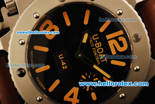 U-Boat U-42 Automatic Movement Steel Case with Black Dial and Brown Leather Strap-Orange Markers - Click Image to Close
