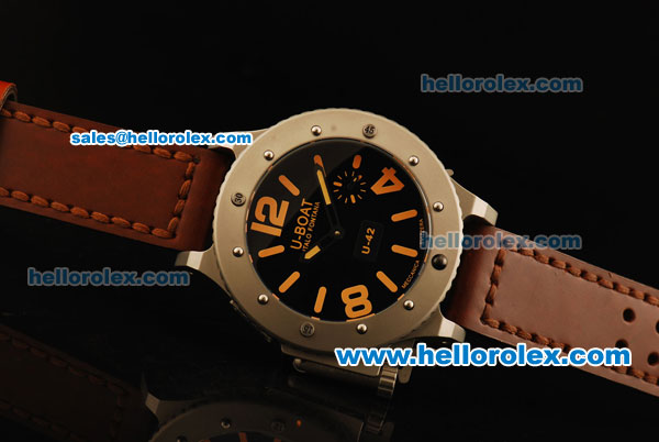 U-Boat U-42 Automatic Movement Steel Case with Black Dial and Brown Leather Strap-Orange Markers - Click Image to Close