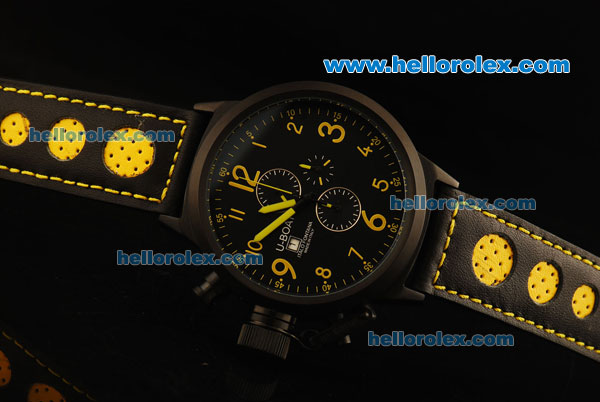 U-Boat Italo Fontana Chronograph Miyota Quartz Movement PVD Case with Black Dial and Yellow Markers-Black Leather Strap - Click Image to Close