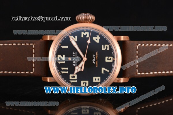 Zenith Pilot Type 20 Extra Special Miyota 9015 Automatic Rose Gold Case with Black Dial Number Markers and Brown Leather Strap - 1:1 Original - Click Image to Close