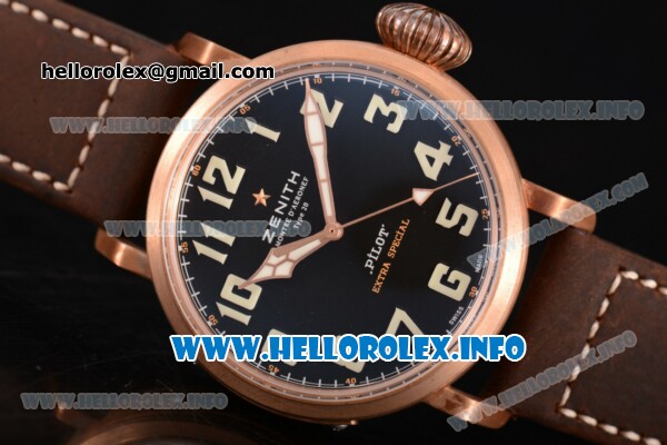 Zenith Pilot Type 20 Extra Special Miyota 9015 Automatic Rose Gold Case with Black Dial Number Markers and Brown Leather Strap - 1:1 Original - Click Image to Close