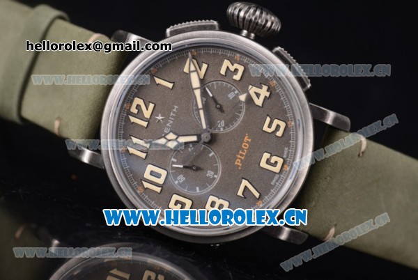 Zenith Heritage Pilot Cafe Racer Spirit El Primero Swiss Valjoux 7750 Automatic Steel Case with Army Grey Dial Arabic Numeral Markers and Green Leather Strap - 1:1 Original - Click Image to Close